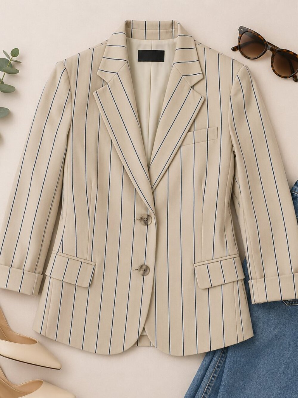 Talbots Petites Pinstripe Blazer Tan Beige Career Jacket Size 16P
